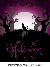 Calligraphy letters "Halloween" on black and purple colored vector illustration, and there is spooky trees and a cat 
