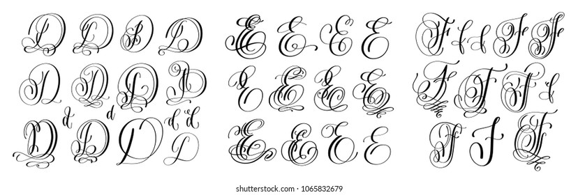 calligraphy letters set D, E and F, script font Isolated on white written with ink, vector illustration