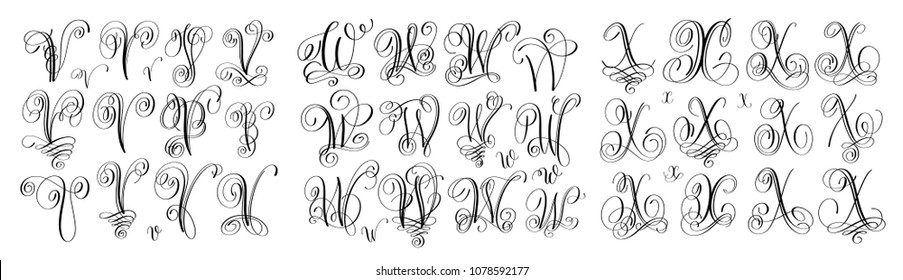 Calligraphy Letters Set V, W And X, Script Font Isolated On White Written With Ink, Vector Illustration