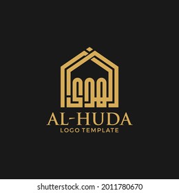 Calligraphy Logo Of Al-Hidayah (Translation: Guide) Design. Home Shape Kufi Style. Vector Illustration.