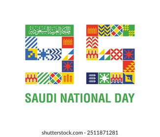 Logo Caligrafia do Dia Nacional da Arábia Saudita 95 Anos. Símbolo do Mapa. Árabe Traduzido: Dia Nacional do Reino da Arábia Saudita