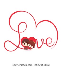 calligraphy love word with heart cute girl kissing her boyfriend happy valentine cartoon character illustration vectorart.