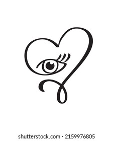 Calligraphy lovers heart with woman eye. Hand drawn icon logo vector valentine day. Decor for greeting card, mug, photo overlays, t-shirt print, flyer, poster design.