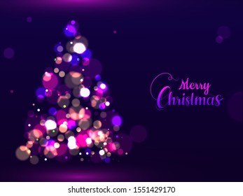 Calligraphy of Merry Christmas and creative Xmas tree made by bokeh effect on purple background can be used as greeting card design.