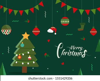 Calligraphy of Merry Christmas with decorative Xmas tree, hanging baubles, santa hat and glove on green background for celebration concept.