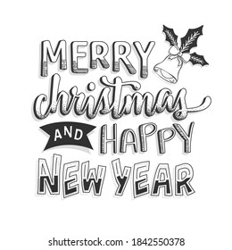 Calligraphy of Merry Christmas with jingle bell presenting White background for celebration concept.
