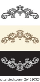 Calligraphy monochrome ornate motifs, swirl design elements. Vintage filigree wedding scroll floral damask ornaments. Engraving retro pattern. Vector illustration. For decoration, cards, invitation