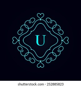 Calligraphy monogram floral design, vintage pattern logo letters u. EPS10