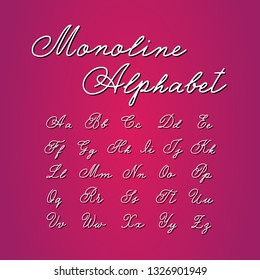 Calligraphy monoline font on pink background. Vector handwritten English alphabet