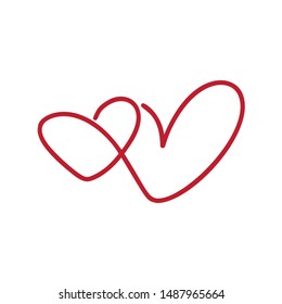 Calligraphy monoline vector two Heart love sign. Romantic Hand drawn icon of valentine day. Concepn symbol for t-shirt, greeting card, poster wedding. Design flat element illustration