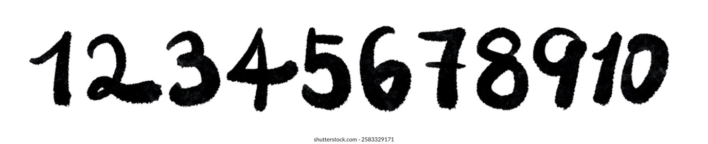 Calligraphy number set. Numbers from 1 to 10 drawn with a bold brush. Black numbers on a white background.
