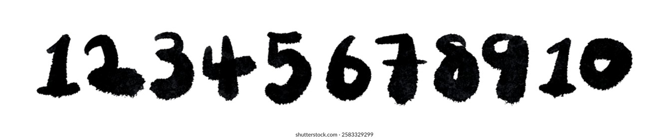 Calligraphy number set. Numbers from 1 to 10 drawn with a bold brush. Black numbers on a white background.