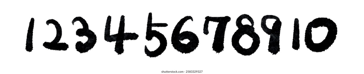 Calligraphy number set. Numbers from 1 to 10 drawn with a bold brush. Black numbers on a white background. Vector.