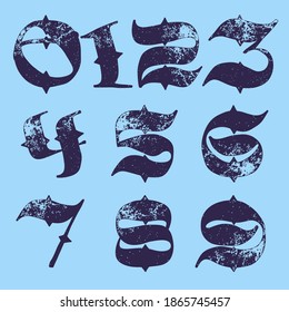 Calligraphy numbes set in horror style with grunge texture. Stylish terrible font for your fear corporate identity, circus emblem, nightlife posters, medieval style design, and etc. 