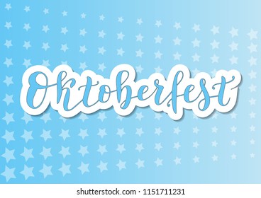 Calligraphy of Oktoberfest in blue with white outline on blue background decorated with white stars for decoration, banner, poster, invitation, advertising ,greeting card