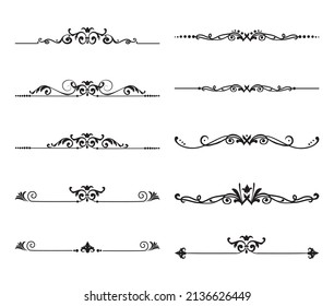 Calligraphy ornament line. Calligraphic text divider, border, separator decor design. Antique vintage victorian elegant decoration element. Filigree frame ornament line. Hand drawn vector illustration
