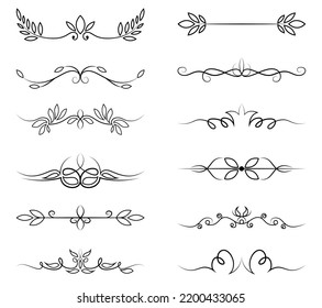 Calligraphy ornament line. Calligraphic text divider, border, separator decor design. Antique vintage victorian elegant decoration element. Filigree frame ornament line. Hand drawn vector illustration