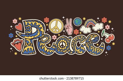 calligraphy: peace and symbols: cherry, flowers, earth, heart, rainbow, hippie retro vector print