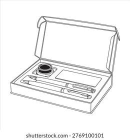Calligraphy Pen Set in Gift Box Vector Line Illustration