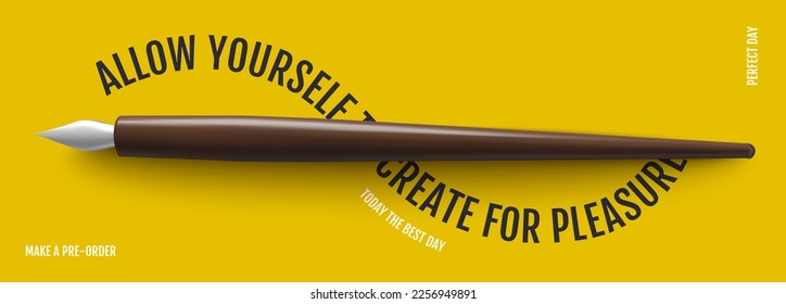 Pluma de caligrafía con punta de metal plateado y mango de madera premium. Pasos de diseño de plantillas de imágenes vectoriales fotorrealistas