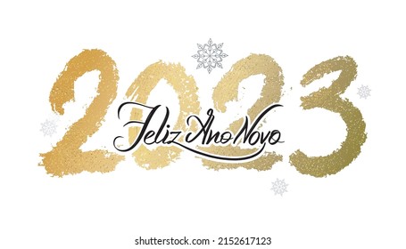 calligraphy phrase "feliz ano novo 2023" happy new year 2023 in portugal language, decorated glitter on white background