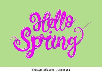 Calligraphy with the phrase Hello Spring . Hand drawn lettering in 3d style. Vector illustration, isolated on green background.