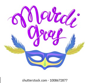 Calligraphy with the phrase Mardi Gras and masquerade mask. Blue hand drawn lettering. Vector illustration, isolated on white background.