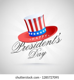 Calligraphy of president's day with uncle sam hat on grey ray background for poster or template design.