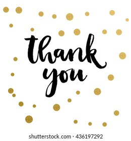 Calligraphy print - thank you. Golden decorative vector polka dots. Isolated composition on white background for web projects, greetings cards, presentations templates.