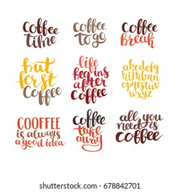 Calligraphy quote coffee typography vector set. Coloring hand written lettering bage. Cafe, coffee shop inspiration promotion poster. Hand drawn vector illustration isolated on white background