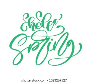 Calligraphy quote hello spring. Handwritten lettering on white background isolated, modern brush pen lettering Vector illustration stock vector