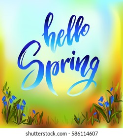 Calligraphy quote hello spring. Handwritten lettering with watercolor background and snowdrop floral border frame, modern brush pen lettering Vector illustration stock vector.