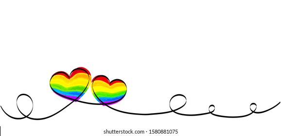 Calligraphy Rainbow Heart Ribbon on White background. LGBT Pride Month. Lesbian, gay, bisexual, transgender love symbols. Two love hearts. Valentines day romantic greeting card with stripes. 