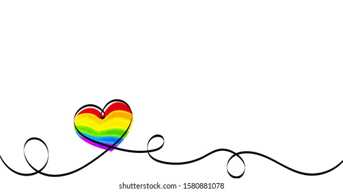Calligraphy Rainbow Heart Ribbon on White background. LGBT Lesbian, gay, bisexual, transgender lgbt love symbols. Valentines day romantic greeting card with stripes and heart. Wedding invitation card