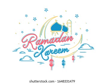 Caligrafía Ramadan Kareem Texto con luna creciente, mezquita y faroles árabes colgados decorados en fondo blanco.
