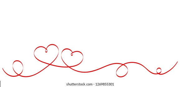 Calligraphy Red Heart Ribbon on White background. Red curved band with two hearts. Valentines day Romantic greeting card with stripes.  Mother's day vector design. Wedding invitation card elements. 