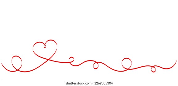 Calligraphy Red Heart Ribbon on White background. Red curved band with two hearts. Valentines day Romantic greeting card with stripes.  Mother's day vector design. Wedding invitation card elements. 