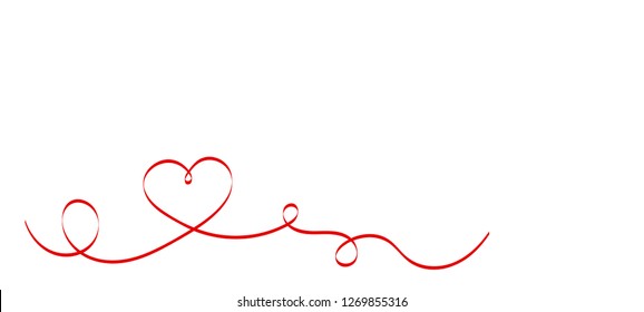 Calligraphy Red Heart Ribbon on White background. Red curved band with two hearts. Valentines day Romantic greeting card with stripes.  Mother's day vector design. Wedding invitation card elements. 