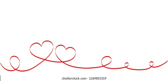 Calligraphy Red Heart Ribbon on White background. Red curved band with two hearts. Valentines day Romantic greeting card with stripes.  Mother's day vector design. Wedding invitation card elements. 