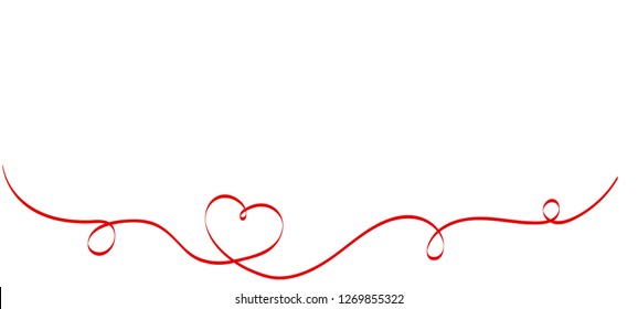 Calligraphy Red Heart Ribbon on White background. Red curved band with two hearts. Valentines day Romantic greeting card with stripes.  Mother's day vector design. Wedding invitation card elements. 