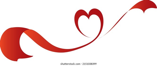 Calligraphy Red Heart Ribbon on White background, Vector  Illustration.