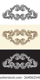 Calligraphy scrolls, ornate motifs and swirls design elements. Vintage filigree wedding scroll floral damask ornaments. Engraving retro pattern. Vector illustration. For decoration, cards, invitation