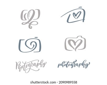 Calligraphy set of camera photography logo icon vector template calligraphic inscription photography text Isolated on white background.
