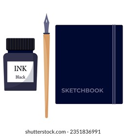 Calligraphy set with ink jar, wooden nib and blue sketchbook cartoon vector illustration on white background.