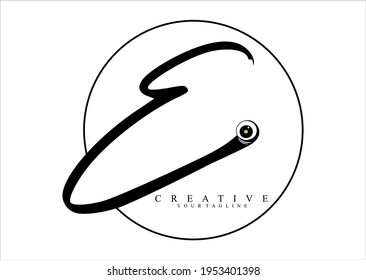 Calligraphy Signature Circle Letter E Black color. logotype with eye ornament