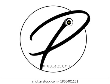 Calligraphy Signature Circle Letter P Black color. logotype with eye ornament