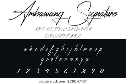 Calligraphy Signature Font lettering uppercase, lowercase and number vector illustration