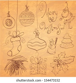 Calligraphy sketched Christmas design elements set. Vector.
