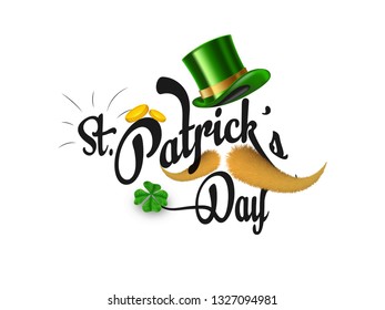 Calligraphy of St Patrick's Day with hat and furry mustache on white background, can be used as poster or banner design.