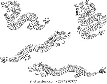 Calligraphy style line drawing illustration set of dragons in various poses